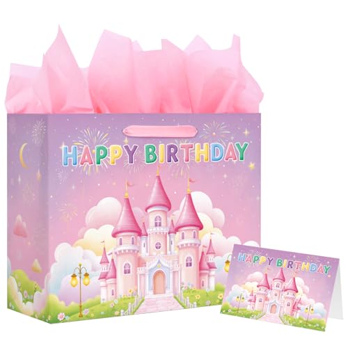 Gatherfun Princess Castle Birthday Gift Bag Set - Includes Card & Tissue Paper Medium Size 13x10.2x4.9 Ideal Birthday Bag for Women Girls and Kids Party