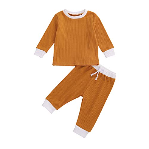Toddler Infant Baby Boys Girls Ribbed Knitted Cotton Blend Long Sleeve Tops T-Shirt +Long Pants Cute Clothes Set (Dark Yellow, 0-3 Months)