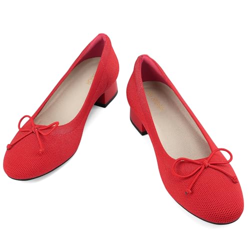 JENN ARDOR Womens Dress Pumps Low Heels Red Chunky Ballet Shoes Casual Ladies Heels Women Round Toe Comfortable Office Slip On Shoes Size 9.5