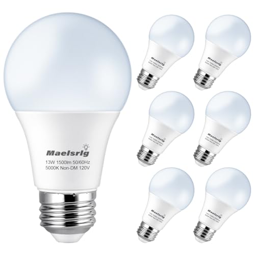 Maelsrlg 100 Watt Light Bulb Equivalent A19 LED - 90 CRI, 13W 1500LM, Daylight 5000K, E26 Base, Non-Dimmable, 120V, Bright White LED Light Bulbs for Home, 6-Pack