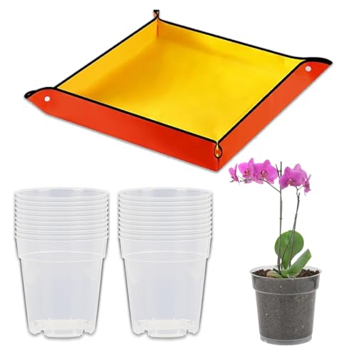 KUYOEJAR Maceta de Plástico con Estera de Jardinería Maceta para Orquídeas Conjunto de 20 Macetas Transparentes para Orquídeas y Manta de Siembra Plegable – Ideal para el Crecimiento y Desarrollo