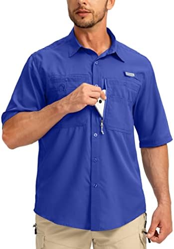 Men's Fishing Shirts with Zipper Pockets UPF 50+ Lightweight Cool Short Sleeve Button Down Shirts for Men Casual Hiking(Vivid Blue, Large)