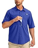 Men's Fishing Shirts with Zipper Pockets UPF 50+ Lightweight Cool Short Sleeve Button Down Shirts for Men Casual Hiking(Vivid Blue, Medium)