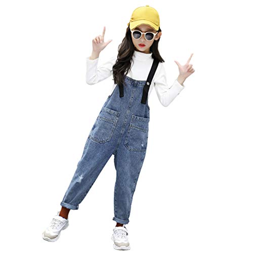 IFIKK Filles Salopette Jeans Denim Jumpsuit Denim Pantalon Doux avec Bretelles Réglablesd élavé Clair Enfants Salopette Combinaison de Loisirs Longue Salopette Jean (Bleu, 150) Cover