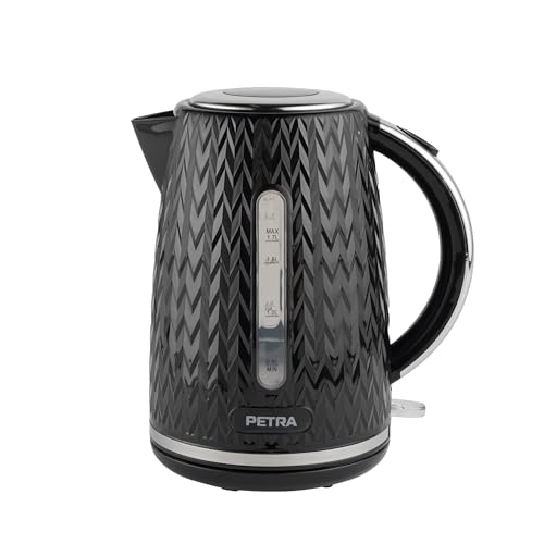 Petra PT3864BLKVDEEU10 Hervidora de agua Chevron eléctrica - 1,7L sensor de hervido en seco con desconexión automática, indicador de nivel de agua, filtro antical, base giratoria de 360°, 2200W, negra