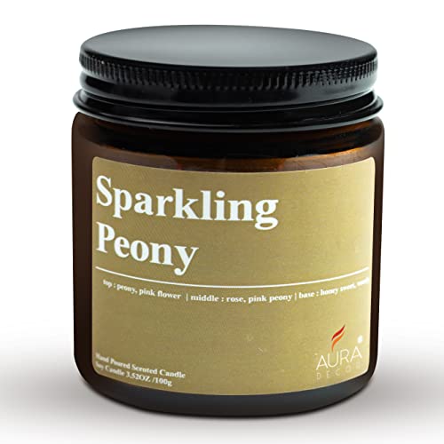 Image of AuraDecor Sparkling Peony Scented Jar Candle | 100gm Handpoured Soy Wax Candle with 30 hr Burn Time | Premium Amber Jar Aromatherapy Candle | Ideal Gift for Home & Decor