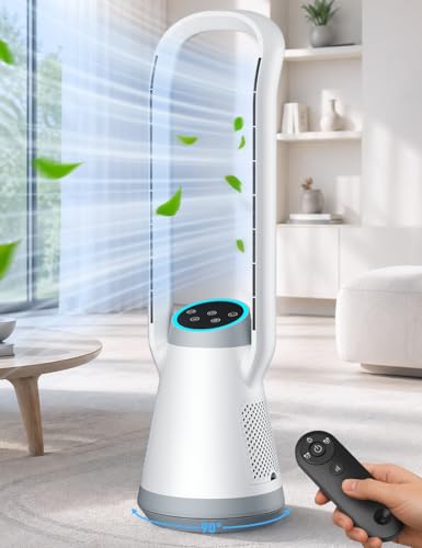 CENSTECH 35' Windowless Air Conditioner, 20dB Ultra Quiet Bladeless Cooling Fan w/ 5 Accent Ambient Lighting Modes, 3 Speeds, 12H Timer, 120° Oscillating Fan Safe for Kids Large Bedroom