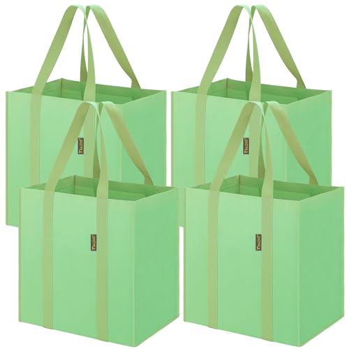 BALEINE 4 PK Grocery Bags Reusable Shopping Bags with Reinforced Bottom, Heavy Duty Foldable Tote BagsLight Green, 4 Pack