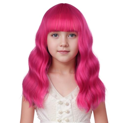 Image of Hot Pink Wig Short Hot Pink Wavy Curly Wigs Pink Wig with Air Bangs ynthetic Cosplay Hair Wig