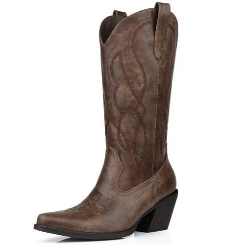 Wide Calf Cowgirl Boots Women's Pointed Toe Embroidered Cowboy Boots Lady Half Zip Mid Calf Block Heel Retro Country Boot Western Booties Size 6-11
