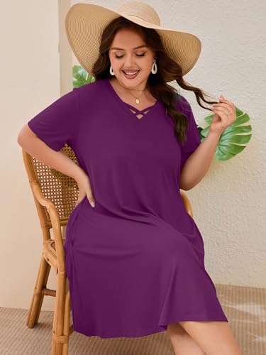 Image of AusLook Plus Size Midi Dress for Women Short Sleeve V Neck Criss Cross A Line Summer Casual Vacation Sundresses with Pockets