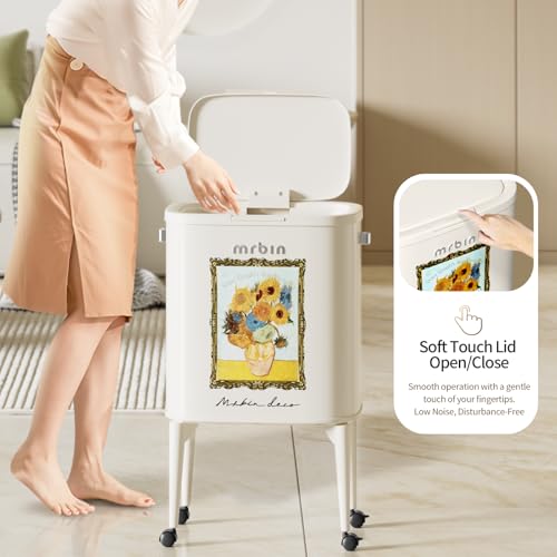 Image of MRBIN Metal Kitchen Trash Can with Wheel Legs, 36L / 9.5gal Medium Press Lid Slim Waste Basket, Pet Proof Tall Narrow Garbage Pail for Vanity, Bedroom, Bathroom, Living Room, Sunflower