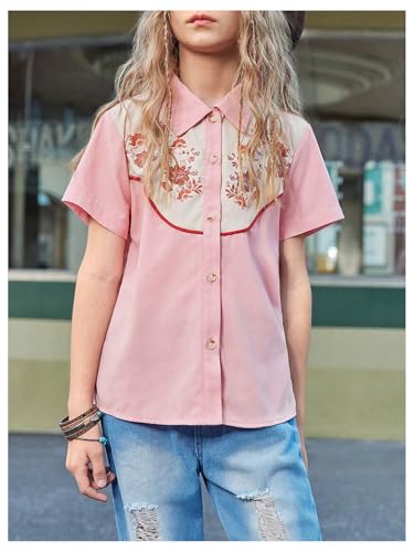 Girl's Western Shirt Floral Print Button Down Cowgirl Shirts Collared Neck Short Sleeve Casual Country Blouse3