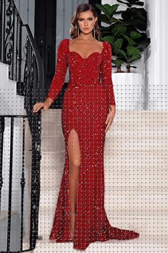 Sparkly Mermaid Long Prom Dresses 2025 with Slit Sequin Formal Evening Gowns for Women with Train RO0092