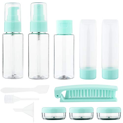 Preisvergleich Produktbild Wilxaw Reiseflaschen Set, 13 Stück Tragbar Leerer Kosmetikbehälter und Zubehör mit Aufbewahrungstasche, Durchsichtig Plastikflasche für Shampoo Creme Spülung, Flugreise Zubehör (Grün)