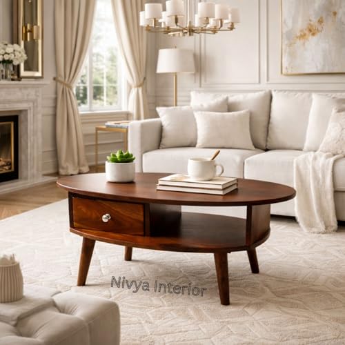 Image of Oval Solid Sheesham Wooden Coffee Table for Home | Living Room Center Table with Storage Shelf & Drawer | Modern Sofa Coffee Table