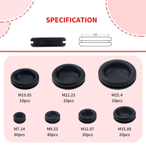 YIXISI 200 PCS 7 Sizes Rubber Grommets Kit, Conductor Gasket Ring Grommets, Black Rubber Hole Plugs Electrical Wire Gaskets - Image 2