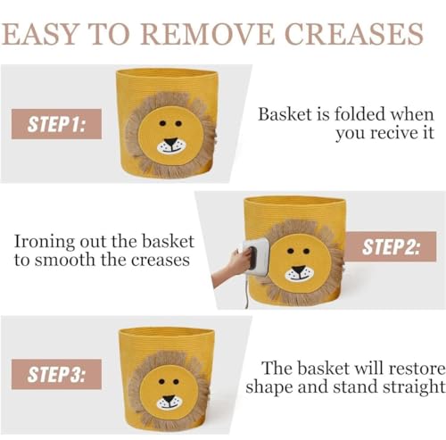 Image of Jute Basket For Storage Cotton Rope Toys Basket With Lid Handwoven Natural Foldable Laundry Hamper for Home, Office, Living Room Size 10x10 inch (YELLOW -LION)