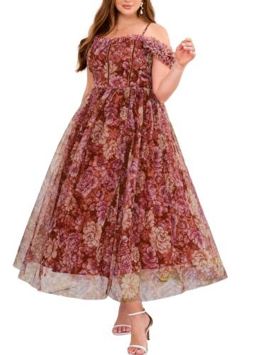 Image of EYWOL Plus Size Formal Wedding Guest Cocktail Party Floral Dress with Slit