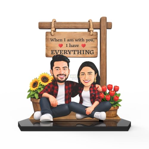 Image of Wood Rectangular Personalized Caricature Gift for Couple, 7 Inches, Tabletop Multicolor, Art Deco Style (COUPLE 13)