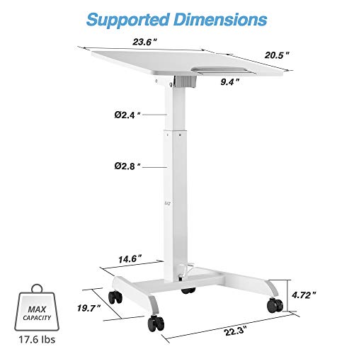 AVLT 47" Height Adjustable Mobile Workstation with Tilting Desk (3 ft 11 inches) - Foot Pedal Pneumatic Standing Desk Cart - Mobile Laptop Cart - Mobile White Cart with Brake Casters - Image 4