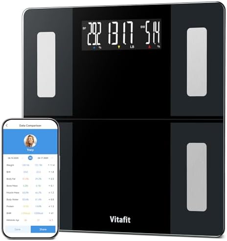 Vitafit 250kg Smarte Körperfettwaage Genauigkeit 0,05kg, Personenwaage LCD | Professionelle Fabrik Seit 2001 Körperwaage Digital mit App, Waage Personen mit Körperfett und Muskelma