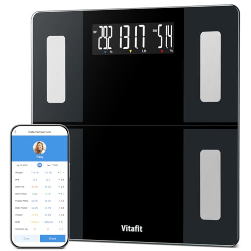 Vitafit Bilancia Pesapersone Digitale, Elevata Precisione Assicurato Dalla Fabbrica Professionale DAL 2001, Smart Bilancia Impedenziometrica Dotata di 13 Misurazioni BMI, Grasso corporeo, 250kg, Nero