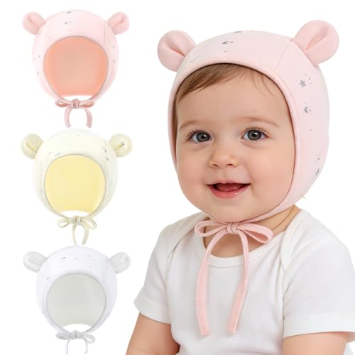 Image of Yunyinbaby 3 Pack Baby Beanie hat with Ear Flaps for Unisex Newborn Infant Toddler Baby Girls Boys 0-24 Months Cotton Soft