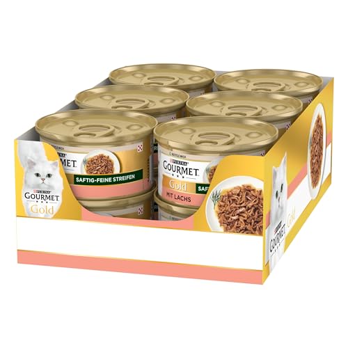 Gourmet Gold Saftig-feine Streifen, Katzenfutter nass, mit Lachs, 12er Pack (12 x 85g)