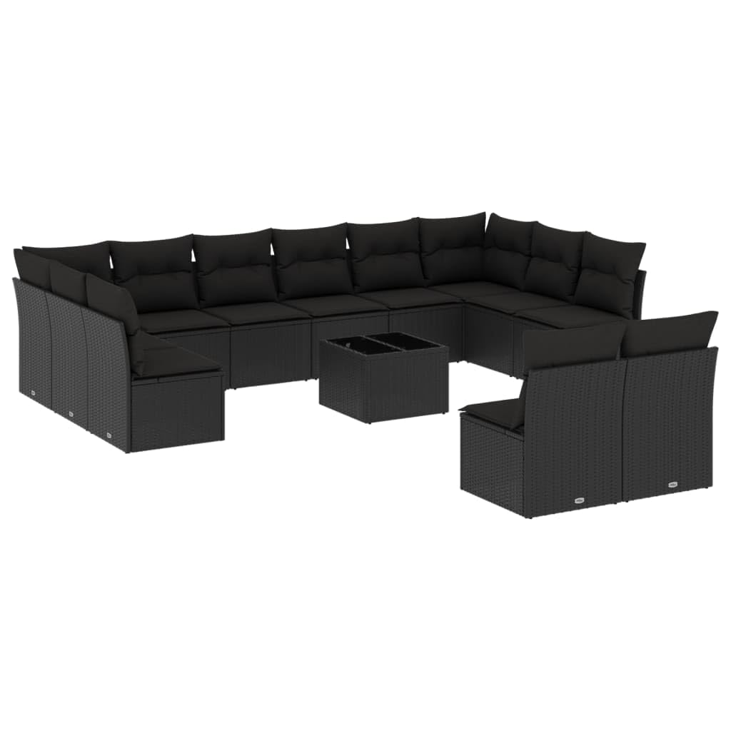 Fengshui 13-częściowa sofa ogrodowa z polirattanu, czarna, ze szklanym