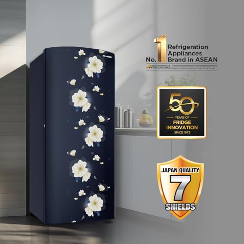 Image of SHARP 197 L Direct Cool Single Door 2 Star Refrigerator | Glass Shelves| 2.25L Bottle Space | Japan 7 Shield Protection | 60 Mins Fast Ice (Floral Fall Blue, SJ-DF225N2-PBF)
