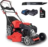 Scheppach Tondeuse à Gazon Hybride MS225 56E   Moteur à Essence 4 Temps de 6 CV   224 cm³   Largeur de Coupe 56 cm   Batterie + Chargeur Inclus (avec Huile Moteur + Lame supplémentaire)