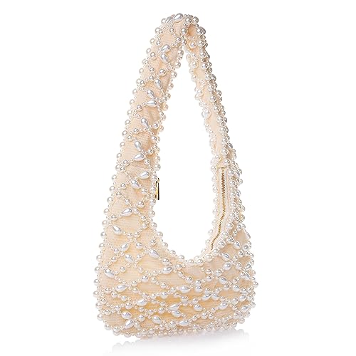 Image of Women Artisanal Acrylic Pearl Clutch Exquisite Beads and Fabric Woven Shoulder Bag Evening Satchal for Wedding Party (L)