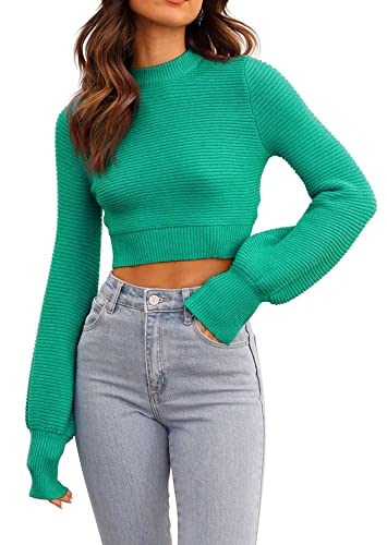 Image of Womens Sexy Crew Neck Cropped Sweaters Knit Long Sleeve Crop Tops Pullover