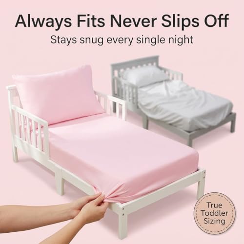 Image of EVERYDAY KIDS 4 Piece Toddler Bedding Set - Includes Comforter, Flat Sheet, Fitted Sheet and Reversible Pillowcase - Solid Pink
