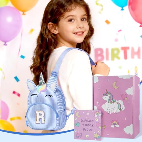 Image of COSHAYSOO Blue Little Girls Purse Unicorn Easter Basket Stuffers 3 4 5 6 7 8 Year Old Girl Birthday Gifts, Kids Crossbody Bag Fanny Pack Spring Break Fashion Cute Essentials Initial Letter R