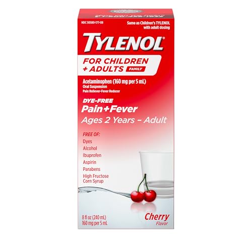 Image of Tylenol for Children & Adults Liquid Pain Relief and Fever Medication, Dye-Free Oral Suspension with Acetaminophen, Fever Reducer, Liquid Medicine for The Family, Cherry, 8 fl. oz