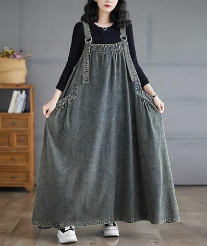 Image of Women's Casual Loose Denim Dress Sleeveless Adjustable Straps Denim Jumper Dress with Pockets