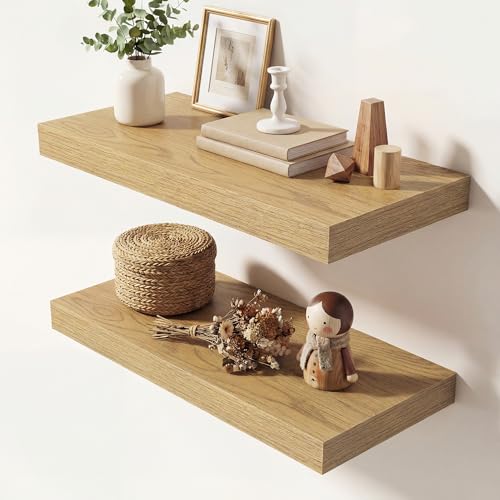 Image of Dreamland 20 Inches Floating Shelves for Wall, 9.3 inch Deep Long Floating Shelves Set of 2, Large Display & Storage Shelf, Wall Shelf for Bathroom Bedroom Living Room Kitchen Office, Oak