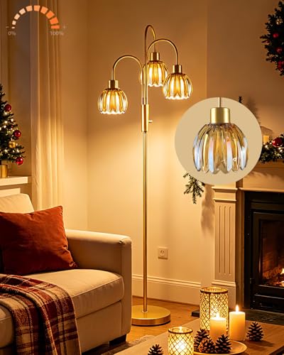 Image of 3-Light Glass Floor Lamp, 70 inch Gold Dimmable Standing Tall Lamp with Amber Glass Shades &3PCS 3000K Warm White Bulbs for Wedding /Party, Modern Tree Pole Lamp for Living Room Bedroom Home Decor
