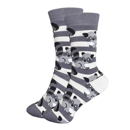 Tindo Waschbär Socken Grau mit Motiv Lustige Baumwolle Socken für Männer und Frauen Geschenksocken Tiersocken Einheitsgröße 36-43 Crew Socks 1-Paar