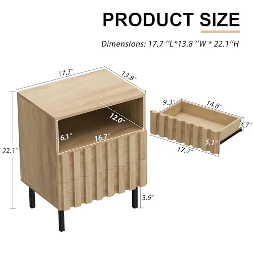 UEV Mid Century Modern Solid Wood Nightstand,2 Drawers End Table with Storage Space,Accent Wooden Strip Design Bedside Table for Bedroom, Living Room (Double) - Thumbnail 3