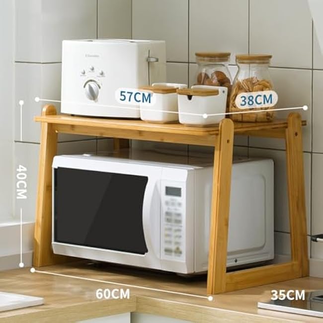 2-Tier Heavy Duty Eco-Friendly Bamboo Microwave Oven Rack Toaster Shelf Tabletop Japanese Style Tand Kitchen Counter Top Shelf Organizer (Size : 60 * 35 * 40cm)