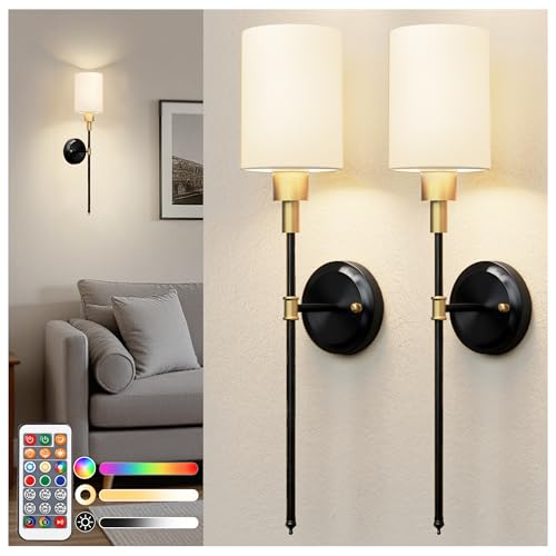 Image of DORESshop Battery Operated Wall Sconce Set of 2, Wireless Wall Light Easy to Install, 7 Color Rechargeable Wall Sconces, Sconce Wall Decor Set of 2 for Bedroom, Living Room, Gold and Black, 24.3in