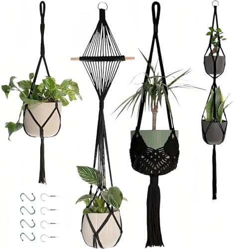 Makramee Blumenampel Hängend Innen, 4er Set Boho Deko Makramee Hängeampel mit Haken, Baumwollseil Blumentopf Hängend, Boho Zimmer Deko Aesthetic, Hängepflanzen Topf für Balkon Fens