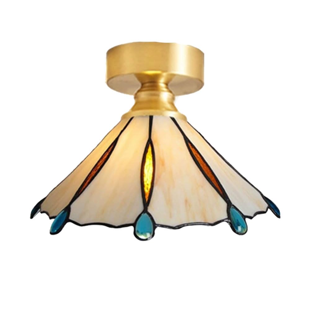 YGZPALH Gold Metal Ceiling Light, French Retro Style Entryway Stained Glass Light Fixture Small Schoolhouse Style Semi Flush Mount Ceiling Light E26 Fixtures for Bedroom Hallway Indoor Lighting