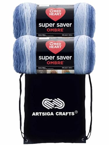 Red Heart Super Saver Ombre True Blue E305-3962 (2-Skeins - Same Dye Lot) Worsted Medium #4 Acrylic Yarn for Crocheting and Knitting with Project Bag