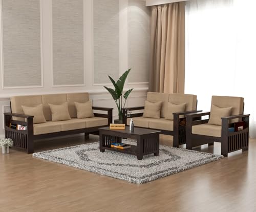 Image of Sheesham Wooden 6 Seater Sofa for Living Room | Rosewood 6 Seater Cushion Sofa Side Half Moon Rack | Solid Wood Sofa Set for Lounge (-3+2+1,Walnut)