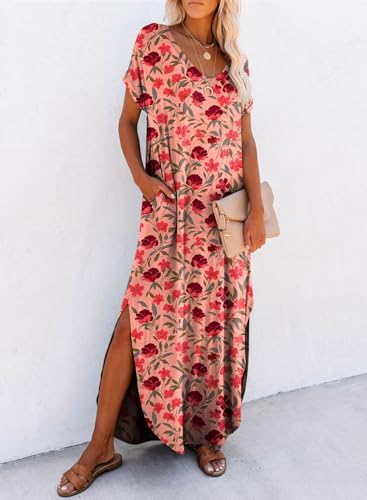 Image of Dokotoo Summer Dresses for Women 2026 Casual Maxi Dress V Neck Cap Sleeve Long Sundress with Pockets Beach Vacation