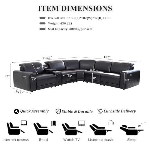 Image of Power Recliner Sectional Sofa, L-Shaped Living Room Furniture Set, Reclining Sectional Couch with Storage Console /Cup Holder for Living Room /House /Apt (Black, 5 Seater)